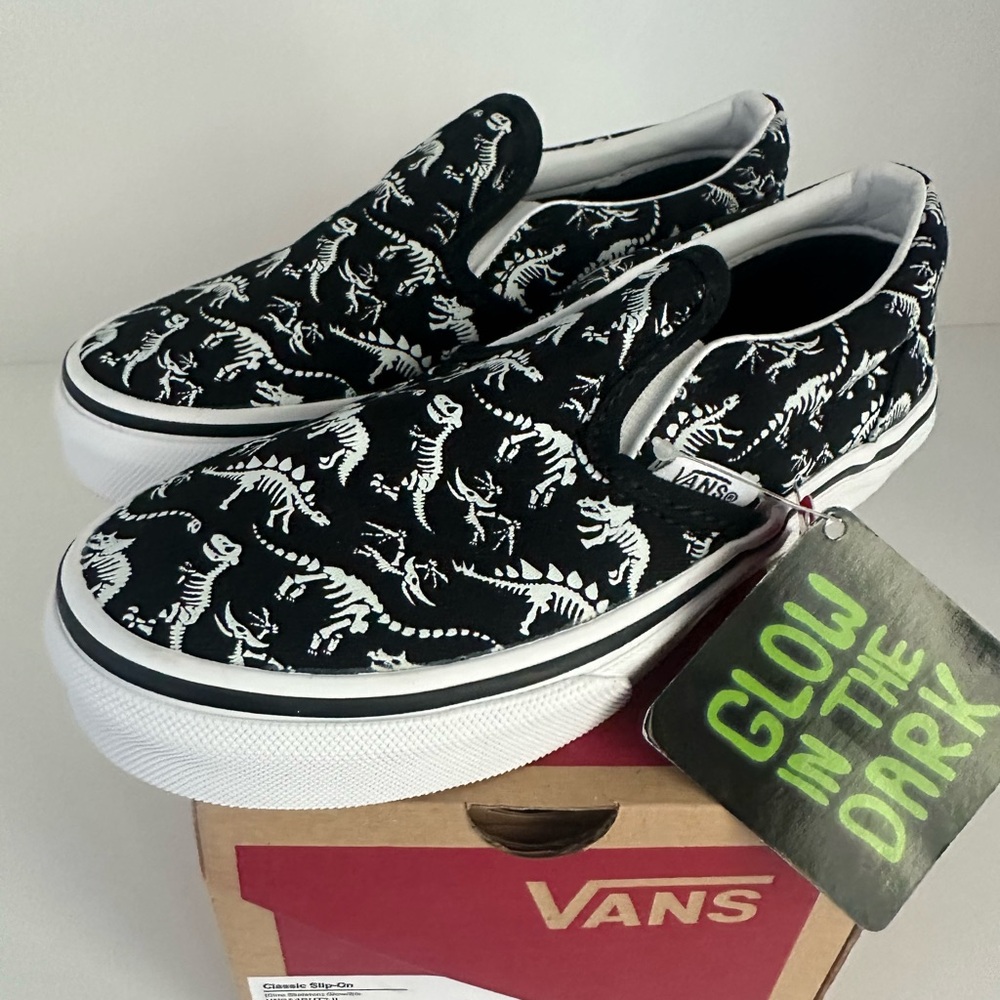 Vans Black and White Dinosaur Glow Slip-Ons